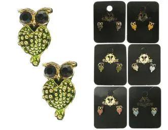 36 Wholesale Owls Stud Earrings With Crystal Accents Multi Color And Gold Tone image