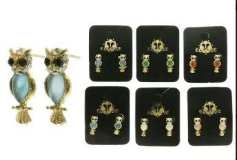 36 Wholesale Owls Stud Earrings With Faceted Accents Multi Color And Gold Tone image