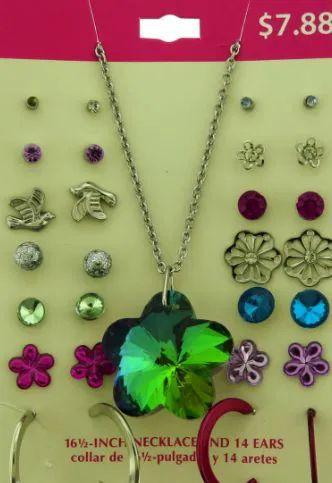 36 Wholesale Earrings And One Necklace With A Flower Shaped Iridescent Charm image