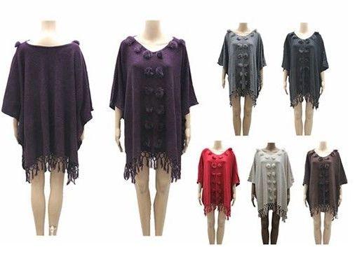 24 Wholesale Womens V Neck Batwing Sleeve Poncho Sweater Fringe Pom Pom Cape Cloak image