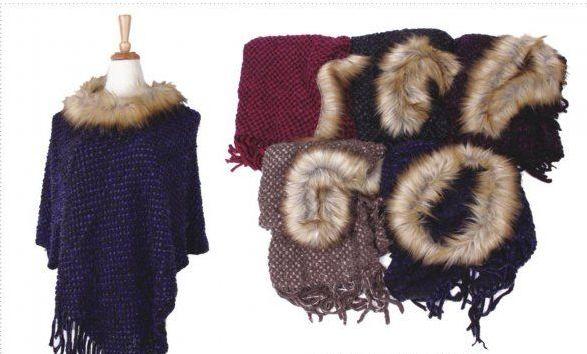18 Wholesale Women's Cozy Warm Poncho Sweater Faux Trim Dress Topper Poncho image