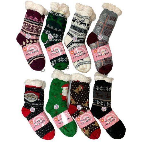 24 Wholesale PlusH-Lined Non Slip Sherpa Socks Holiday Assortment image