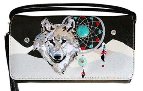 6 Wholesale Wallet Purse Long Strap Wolf With Dream Catcher Black image