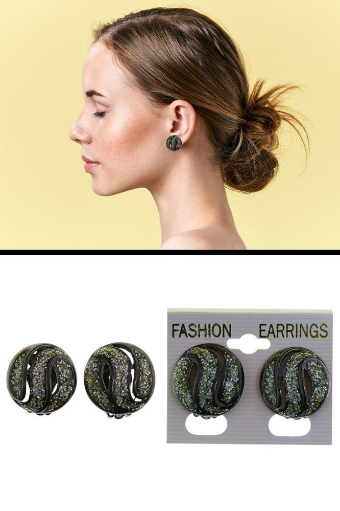 72 Wholesale Wavy Glitter Cutaway Dome Clip On Earrings Gray image
