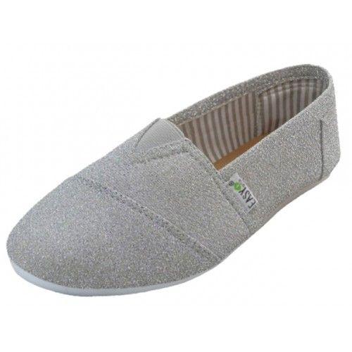 36 Wholesale Women's Slip On Casual Canvas Shoes In Silver Sizes 5-10 image