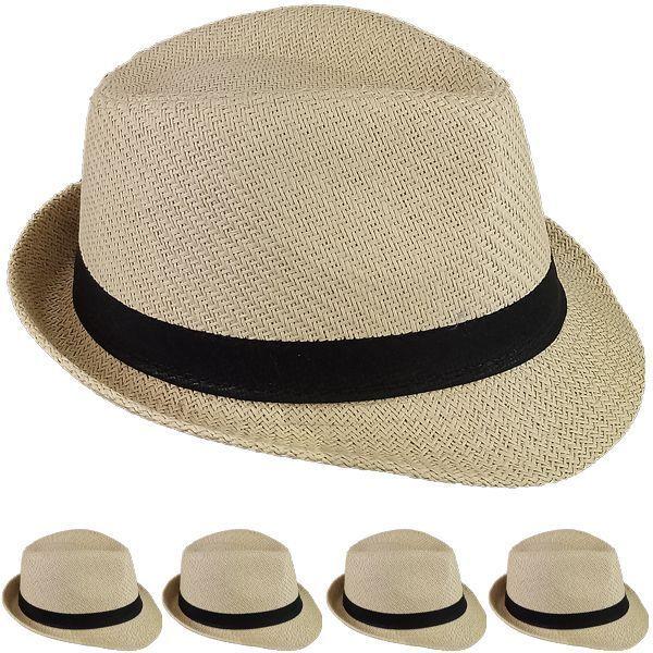 12 Wholesale Classic Beige Toyo Straw Trilby Fedora Hat With Black Band image