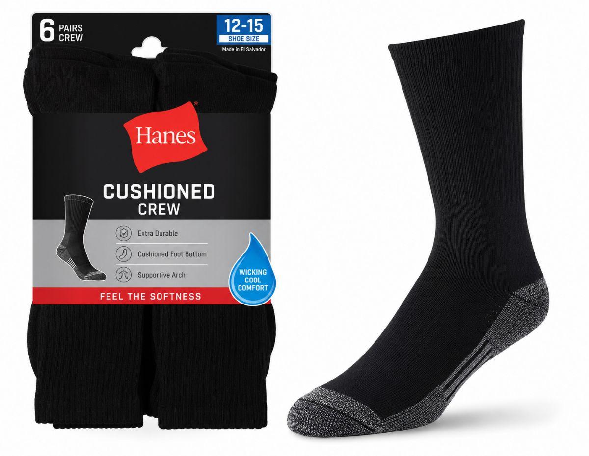 180 Wholesale Hanes Mens Black Cushioned Crew Socks, Shoe Size 12-15 image