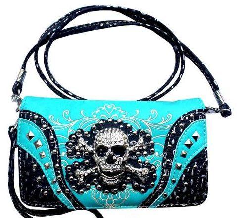 5 Wholesale Rhinestone Skull And Bones Wallet Purse Turquoise image