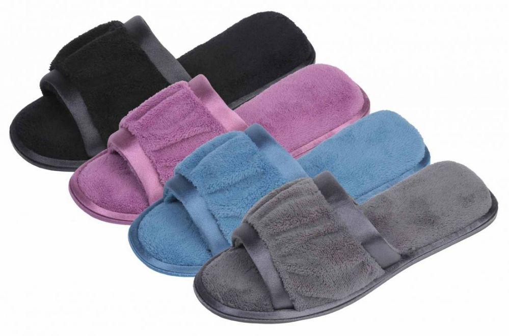 36 Wholesale Lady Plush OpeN-Toe Slippers W/ Satin Trim image