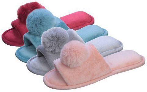 36 Wholesale Women's Plush Velvet Slide Slippers W/ Pom Pom Adornment image