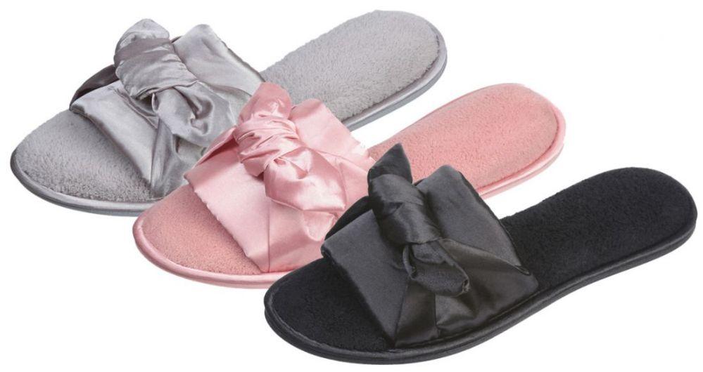 36 Wholesale Women's Plush Slide Slippers W/ Satin Knotted Bow image