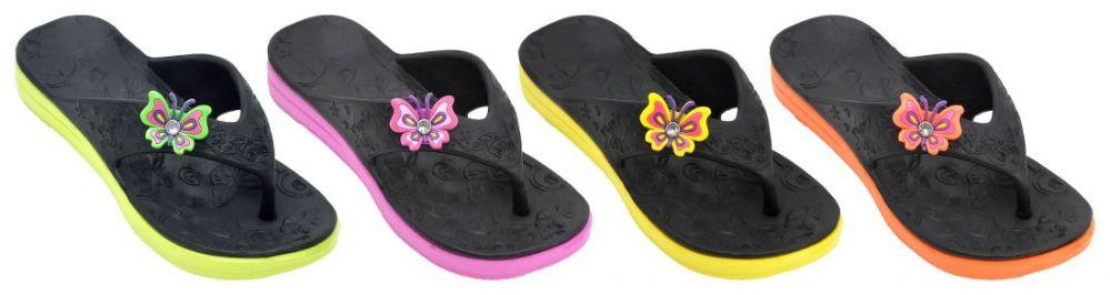 48 Wholesale Girl's Sport Thong Sandals - Black W/ Neon Butterfly Adornment & Sole image