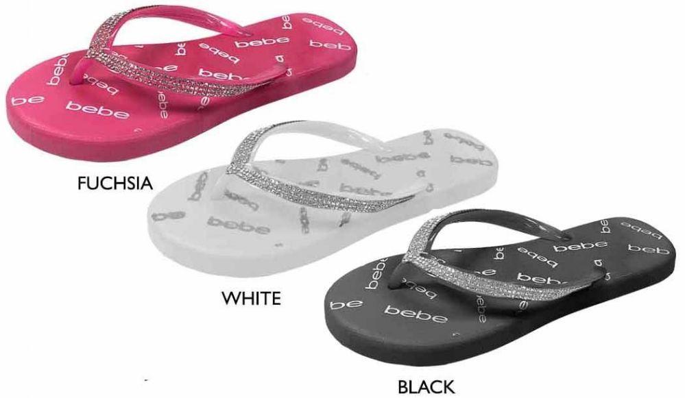 8 Wholesale Girl's Pcu Flip Flop Sandals W/ Shimmer Rhinestones & Bebe Print Footbed image