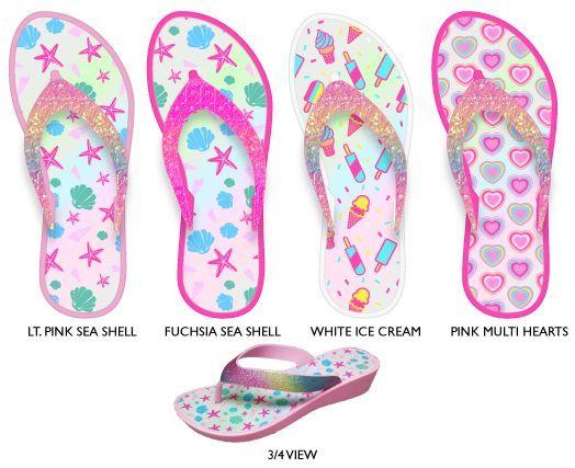 12 Wholesale Girl's MinI-Wedge Thong Flip Flop Sandals W/ Printed Footbed & Glitter Strap image