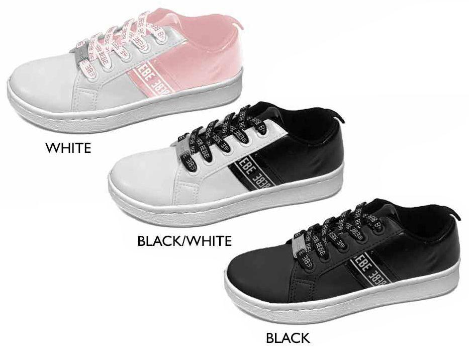 12 Wholesale Girl's Lace Up Sneakers W/ Bebe Print & Printed Laces