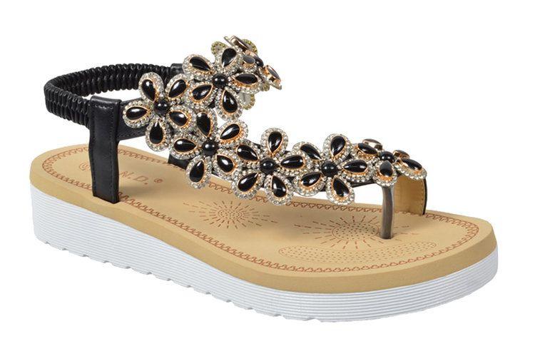 12 Wholesale Fashion Rhinestone Sandals For Women Sole Open Toe In Color Black Size 5-10 image