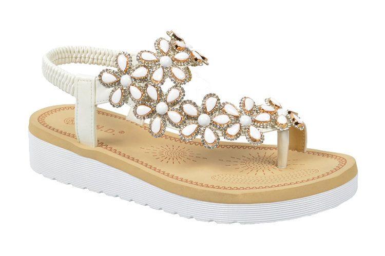 12 Wholesale Fashion Rhinestone Sandals For Women Sole Open Toe In Color White Size 5-10 image