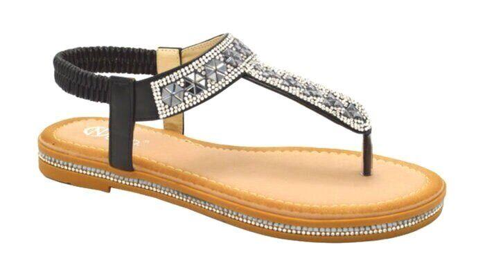 12 Wholesale Flat Fashion Rhinestone Sandals For Women In Black Color Size 5-10 image