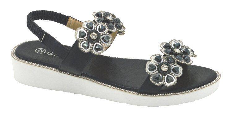 12 Wholesale Fashion Sandals Flowers Rhinestone For Women Sole Open Toe In Color Black Size 5-10 image