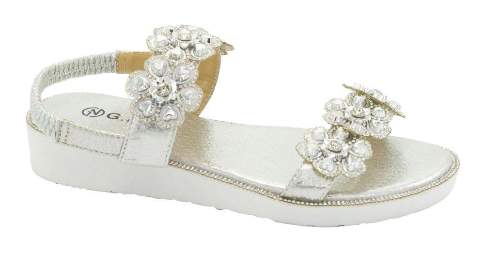 12 Wholesale Fashion Sandals Flowers Rhinestone For Women Sole Open Toe In Color Silver Size 5-10 image