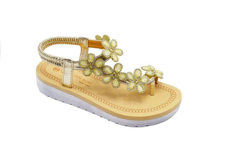 12 Wholesale Fashion Sandals Flowers Rhinestone For Women Sole Open Toe In Color Gold Size 5-10 image