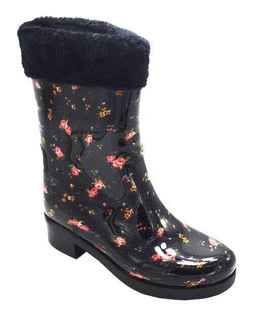 12 Wholesale Womens Rain Boots Flowers Designed Lightweight Color Black Size 5-10 image