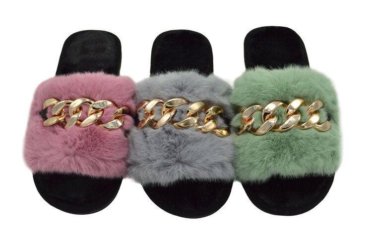 36 Wholesale Women Faux Fox Fur Furry Slides Fluffy Slippers Assorted Size And Color image