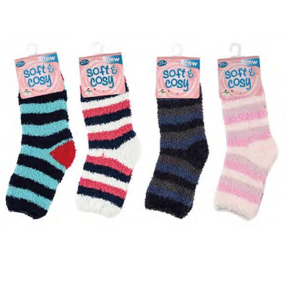 144 Wholesale Womens Soft Cosy Fuzzy Winter Warm Home Striped Slipper Socks Size 9 To 11 image