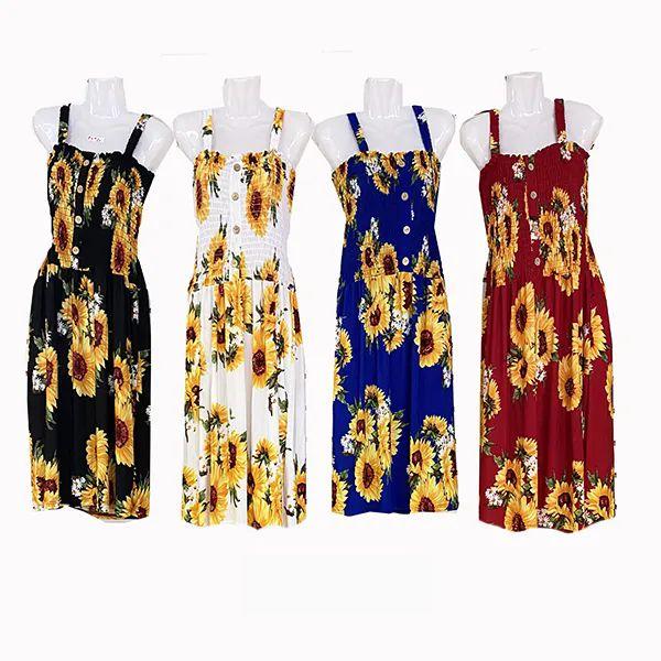 24 Wholesale Womens Casual Sleeveless Sunflower Printed Dress image