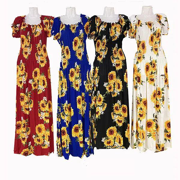 24 Wholesale Women Summer Casual Round Neck Dresses Sunflower Print image