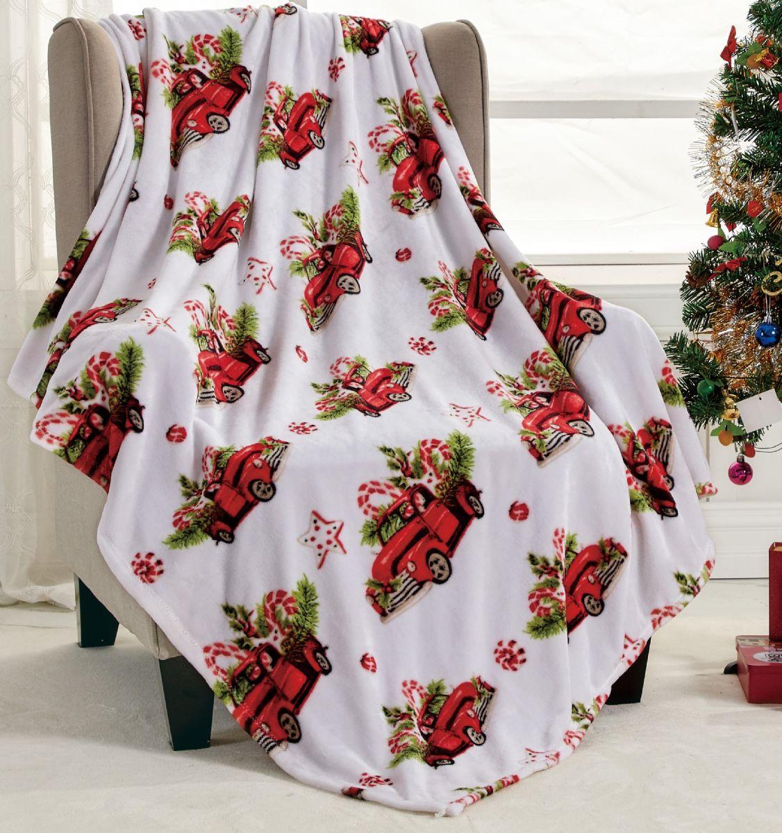12 Wholesale Elegant Comfort Velvet Touch Ultra Plush Christmas Holiday Printed Fleece Throw/blanket 50 X 60 Inch Rustic Red Truck image