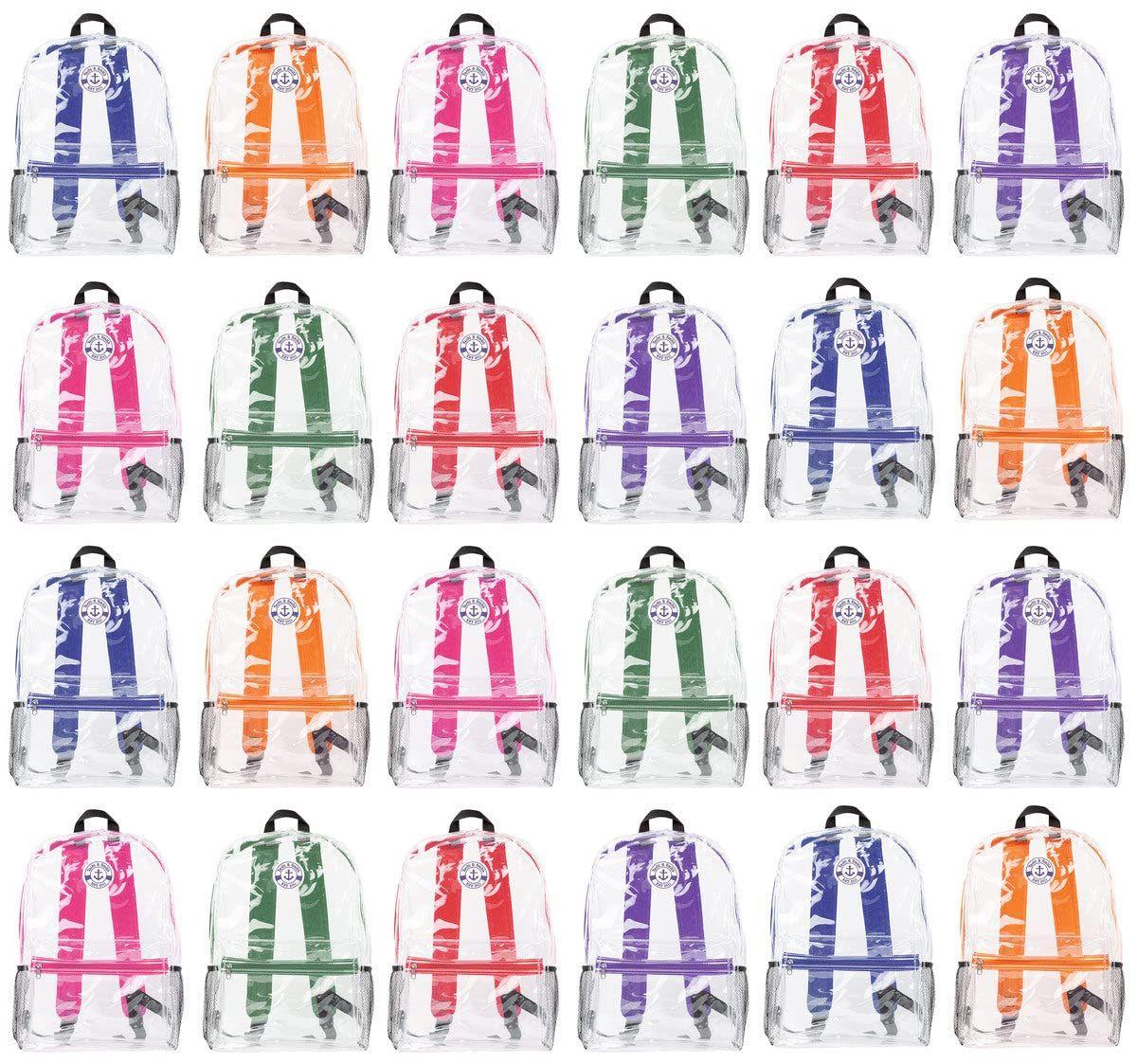 24 Wholesale 17 Inch Backpacks For Kids, Clear With Assorted Color Trim, 24 Pack image