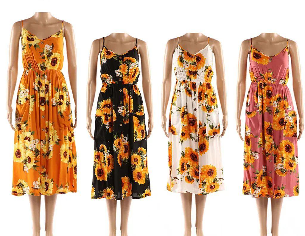 48 Wholesale Womens Dress Sunflower Printed In Assorted Colors image