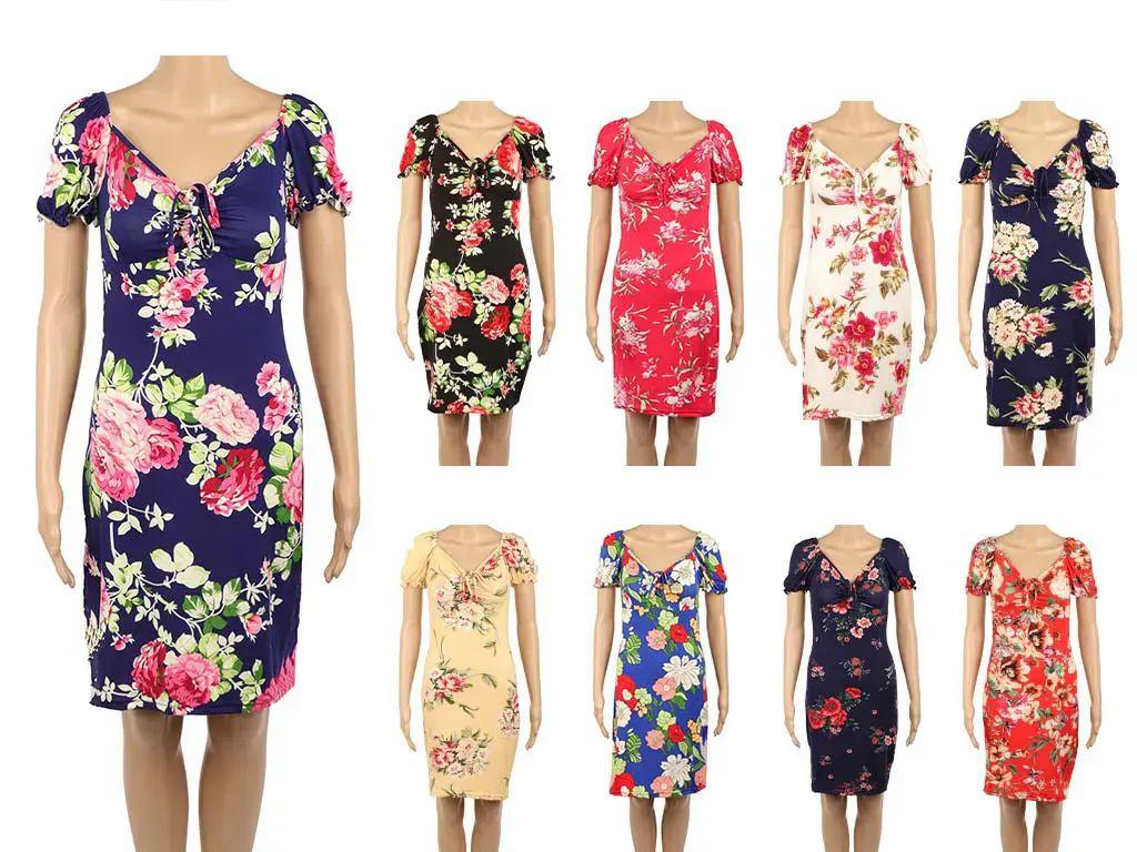 72 Wholesale Womens Short Flower Fashion Dress In Assorted Colors image