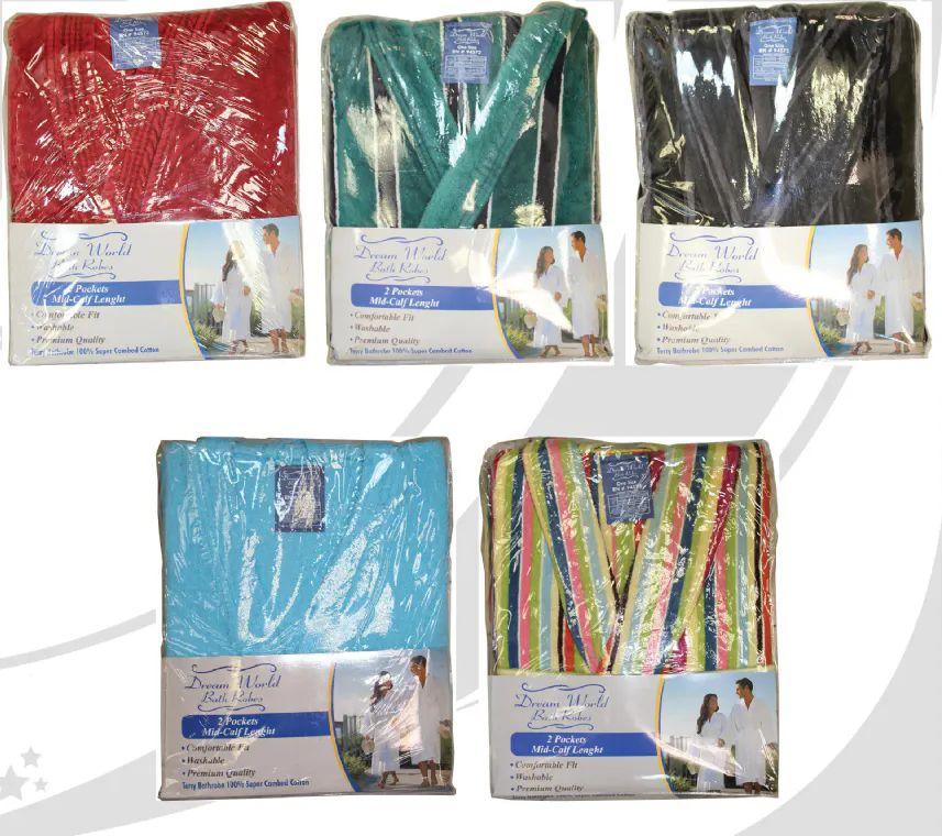 24 Wholesale Mens Cotton Terry And Velour Bathrobes Assorted Colors One Size image