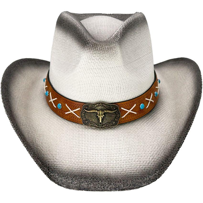 12 Wholesale Paper Straw White Cowboy Hat With Bull Style Lace Leather Band - Black Shade image