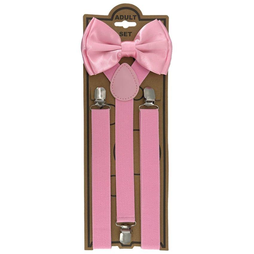 12 Wholesale Adjustable Elastic Y Back Style Unisex Bowtie Suspender Set - Pink image