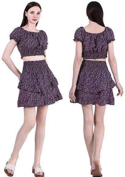 48 Wholesale Women's Smocked Floral Printed Skirt And Top In 3 Assorted Colors image