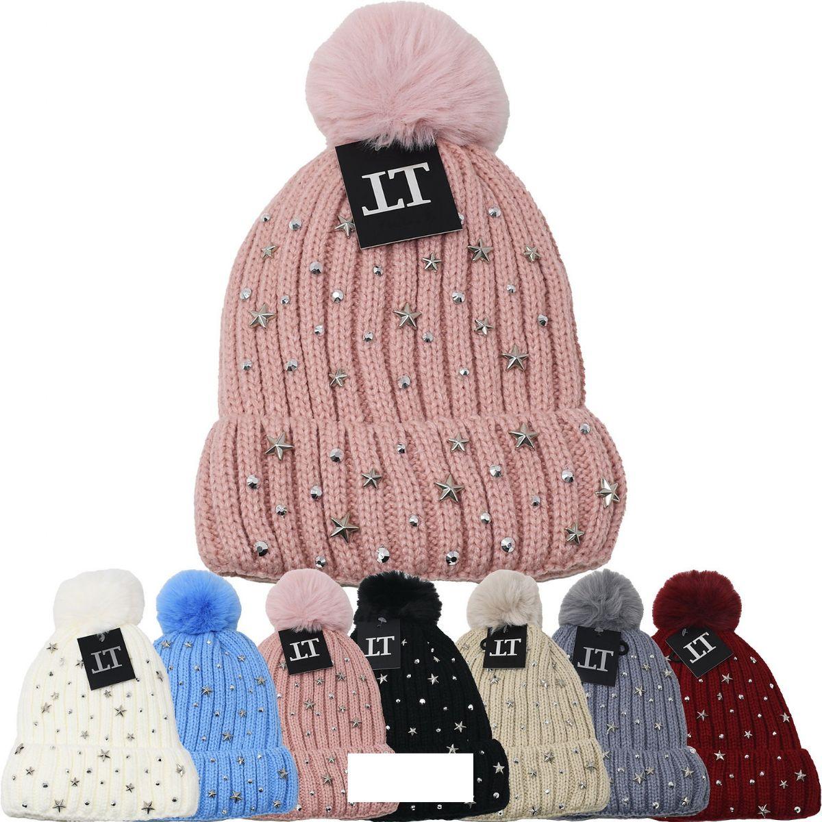 12 Wholesale Women's Winter Knitted Hats With Fleece Lining In Assorted Colors image