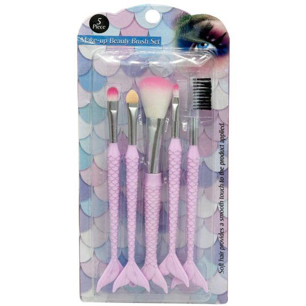24 Wholesale 5 Pack MakE-Up Beauty Brush Set With Mermaid Tail Handles image