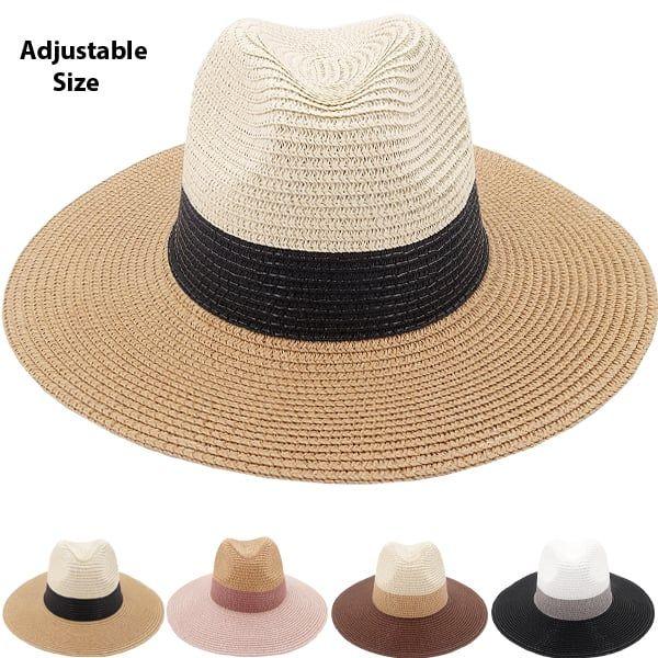24 Wholesale Unisex Dual Color Adjustable Wide Brim Straw Summer Hat image