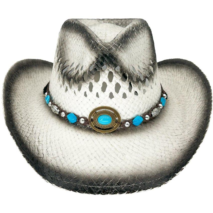 24 Wholesale Breathable Raffia Straw White Cowboy Hat With Beaded Band Black Shaded image