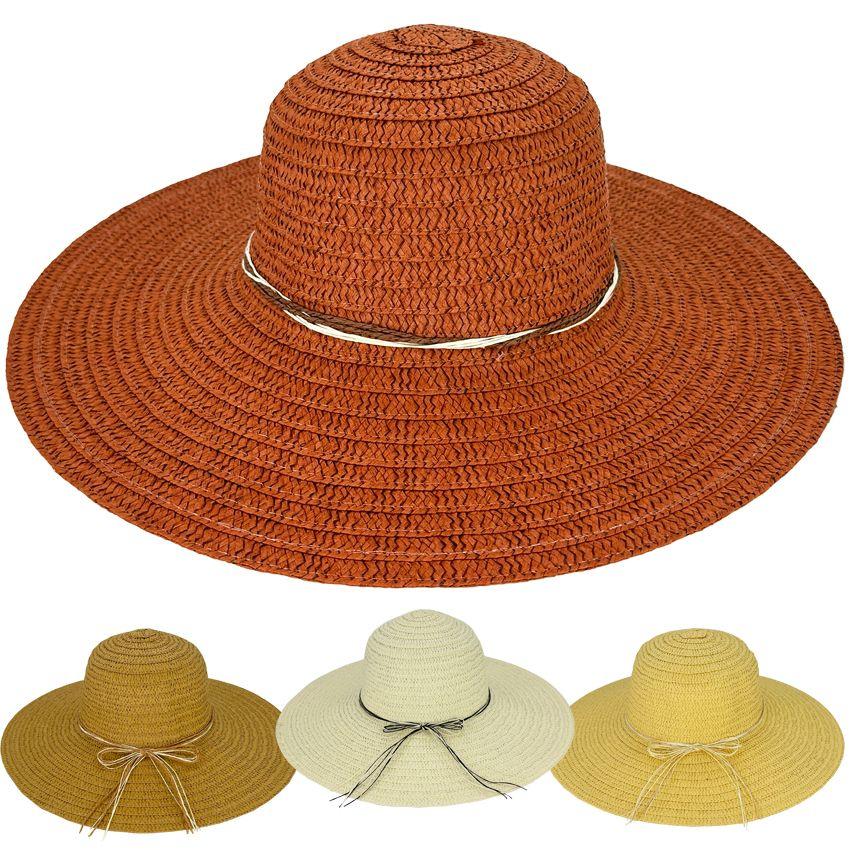 24 Wholesale Wide Brim Straw Beach Hat Set Plain Colors image