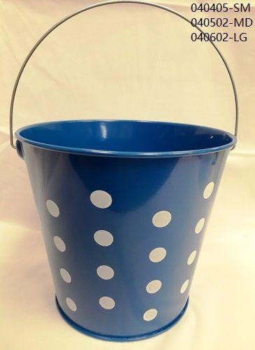 48 Wholesale Royal Blue Polka Dots Metal Tin Pails 6" image