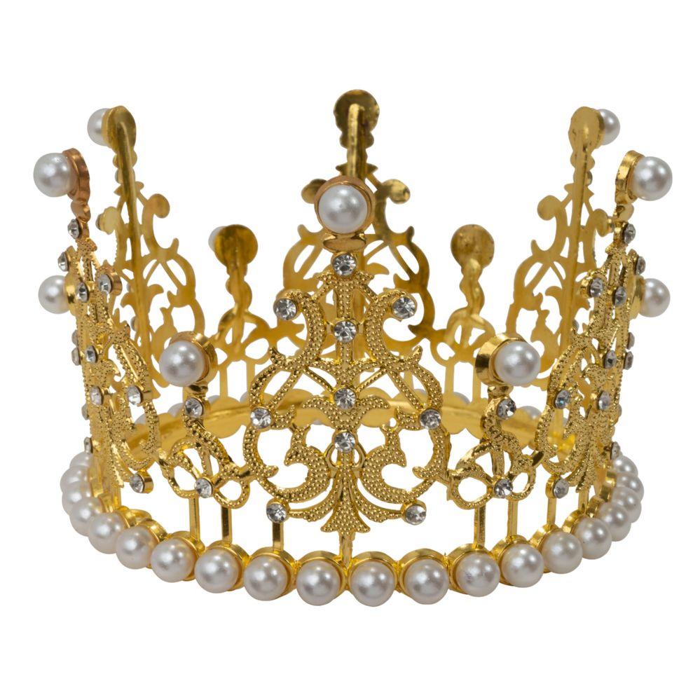 12 Wholesale Metal Royal Crown With Rhinestones And Pearls - Gold image