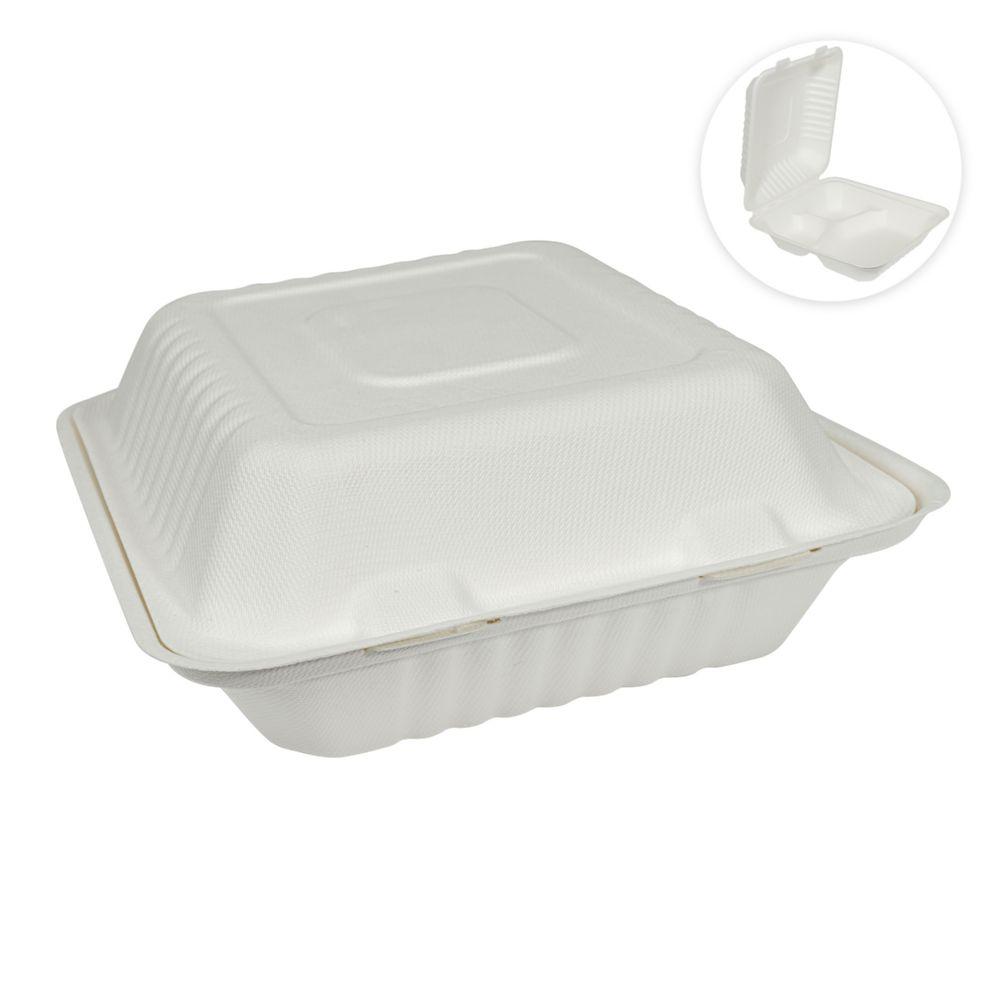 8 Wholesale Square 3-Compartment Compostable Fiber Hinged Container 8 inch 50pc - White image