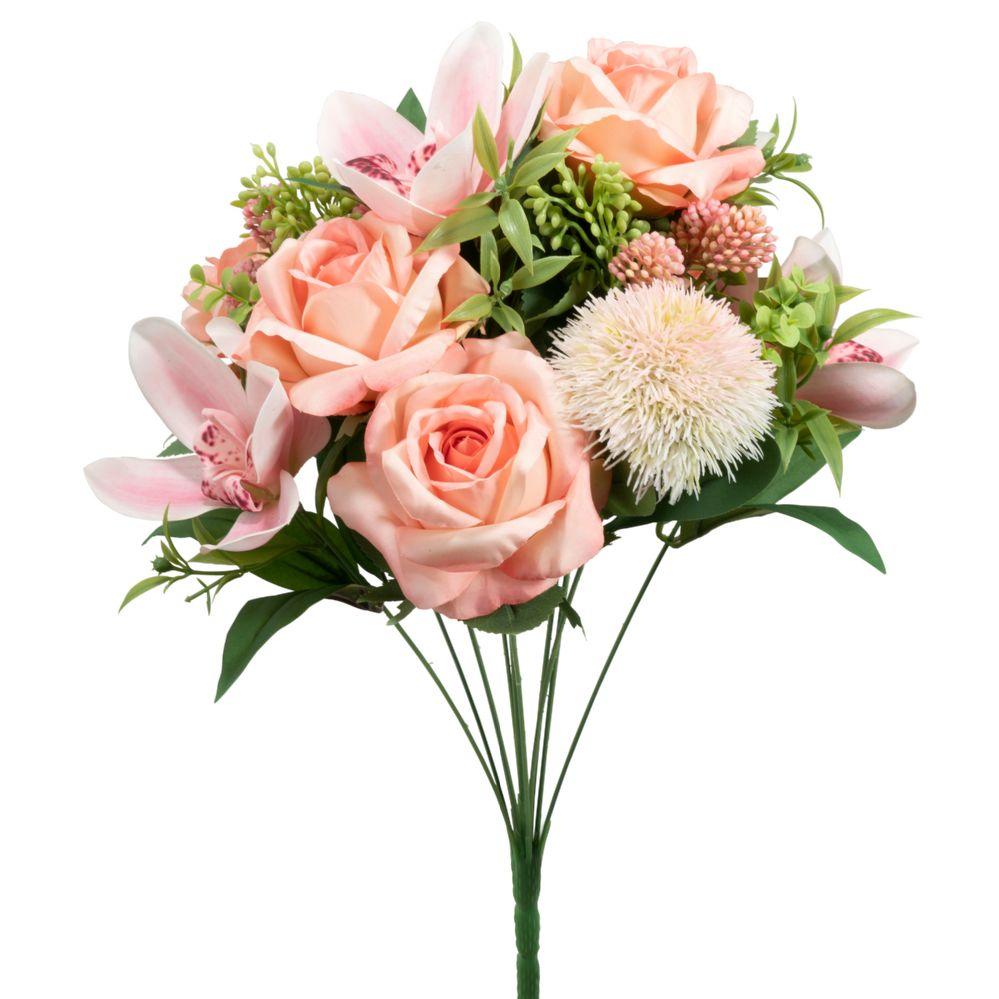 12 Wholesale 14 Head Rose, Lily And Dandelion Bush 19 inch - Pink image