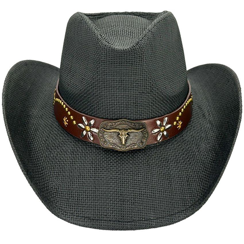 24 Wholesale Black Western Cowboy Hats Paper Straw Bull Style Leather Band image