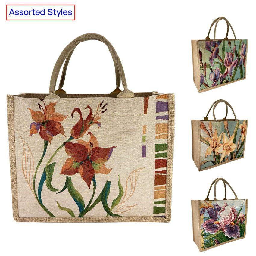 24 Wholesale Tote Bags With Flower Designs - Reusable Jute Bags image