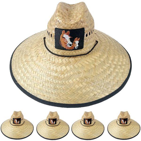 24 Wholesale Raffia Straw Summer Hat For Men - Horse Embroidered Wide Brim Sun Hat image